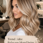 Modèle de cheveux avec un balayage blond beige, montrant des reflets doux et élégants