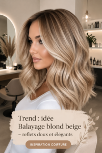 Modèle de cheveux avec un balayage blond beige, montrant des reflets doux et élégants