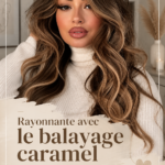 Femme avec un balayage caramel lumineux sur des cheveux longs