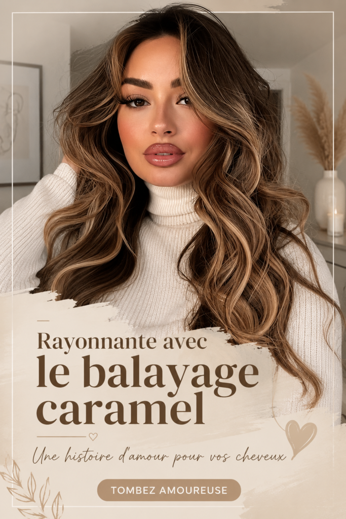 Femme avec un balayage caramel lumineux sur des cheveux longs