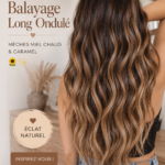 Image d'une femme avec un balayage caramel et miel sur ses longs cheveux.