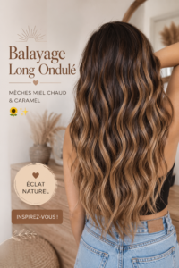 Image d'une femme avec un balayage caramel et miel sur ses longs cheveux.