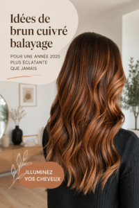 Modèle de cheveux bruns avec balayage cuivré lumineux