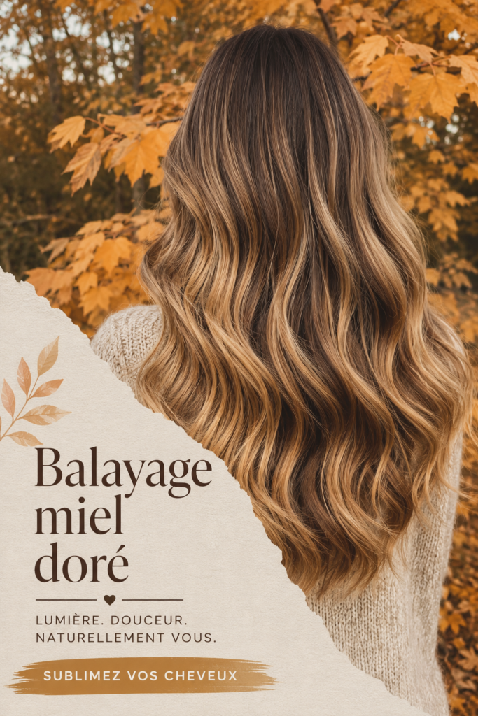 Une femme avec un balayage doré miel éblouissant qui souligne son style naturel.