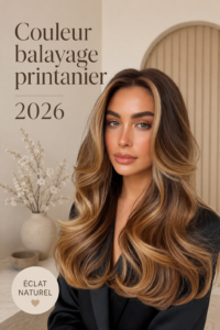 Femme avec un balayage lumineux et printanier, montrant des nuances de blond et de caramel