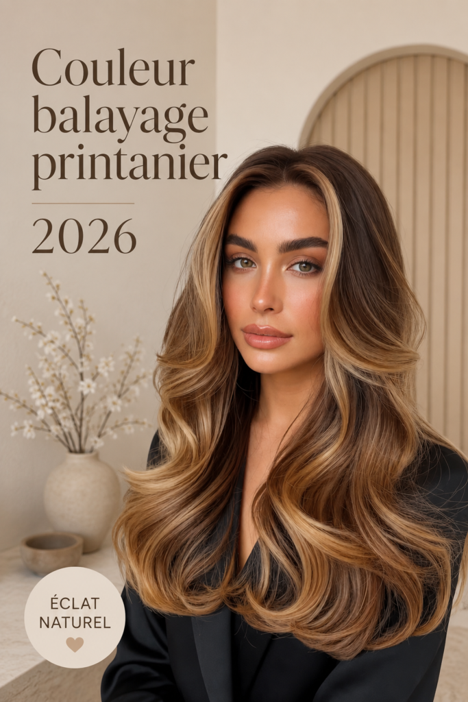 Femme avec un balayage lumineux et printanier, montrant des nuances de blond et de caramel