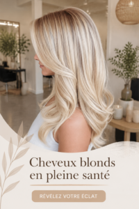 Femme aux cheveux blonds brillants prenant soin de sa chevelure avec des produits naturels.