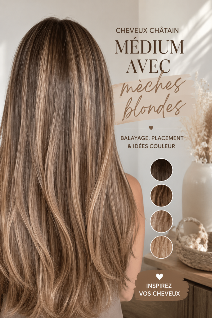 Exemple de balayage sur cheveux châtains moyens avec des éclaircissements blonds