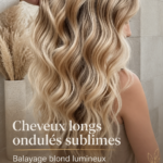 Femme avec des cheveux longs et ondulés, mettant en valeur un balayage blond et des lowlights caramel.