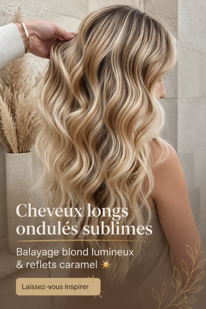 Femme avec des cheveux longs et ondulés, mettant en valeur un balayage blond et des lowlights caramel.