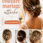 Une mariée avec un chignon élégant et accessoires floraux.