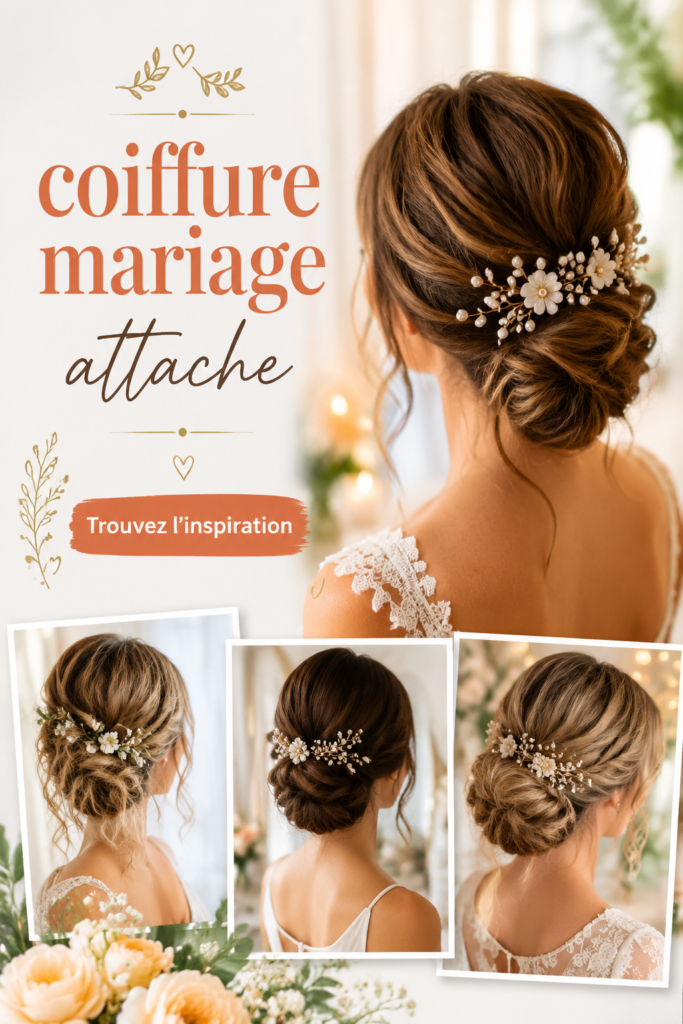Une mariée avec un chignon élégant et accessoires floraux.