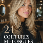 Coiffure mi-longue avec frange sur une mannequin aux cheveux brillants.