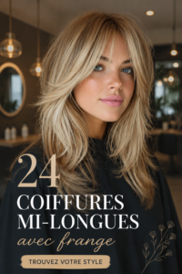 Coiffure mi-longue avec frange sur une mannequin aux cheveux brillants.