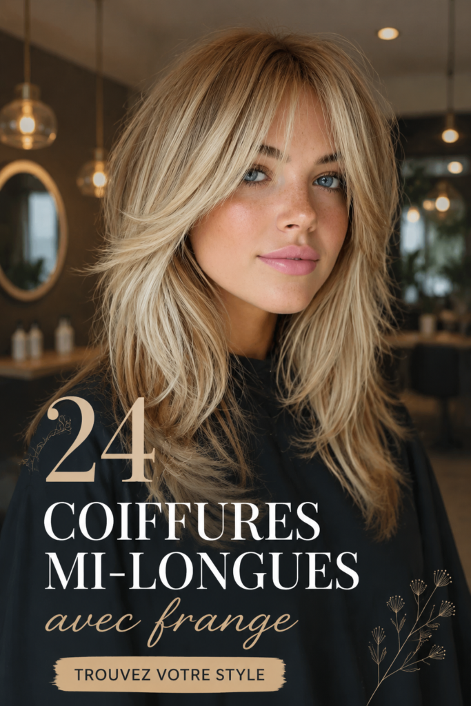 Coiffure mi-longue avec frange sur une mannequin aux cheveux brillants.