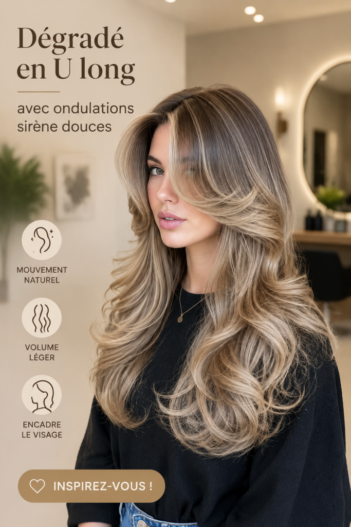 Femme avec des cheveux longs en couches en U et des vagues douces inspirées des sirènes