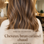 Cheveux bruns caramel avec reflets chauds qui illuminent le visage.
