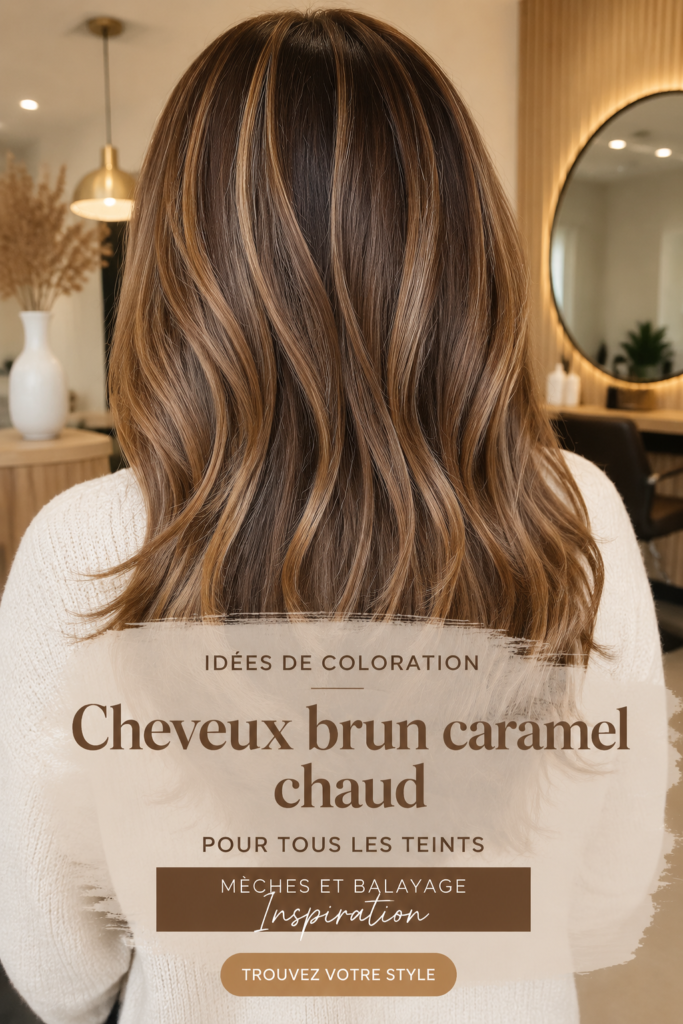 Cheveux bruns caramel avec reflets chauds qui illuminent le visage.
