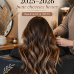 Femme avec des cheveux bruns et un balayage tendance pour l'hiver 2025-2026.