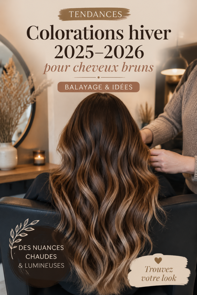 Femme avec des cheveux bruns et un balayage tendance pour l'hiver 2025-2026.