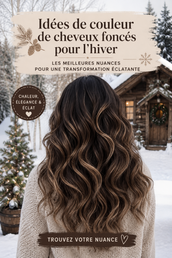Modèle avec des cheveux foncés stylisés pour l'hiver, mettant en avant des nuances chaudes et élégantes.