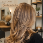 Femme avec un balayage doré lumineux pour l'hiver, cheveux longs et ondulés.
