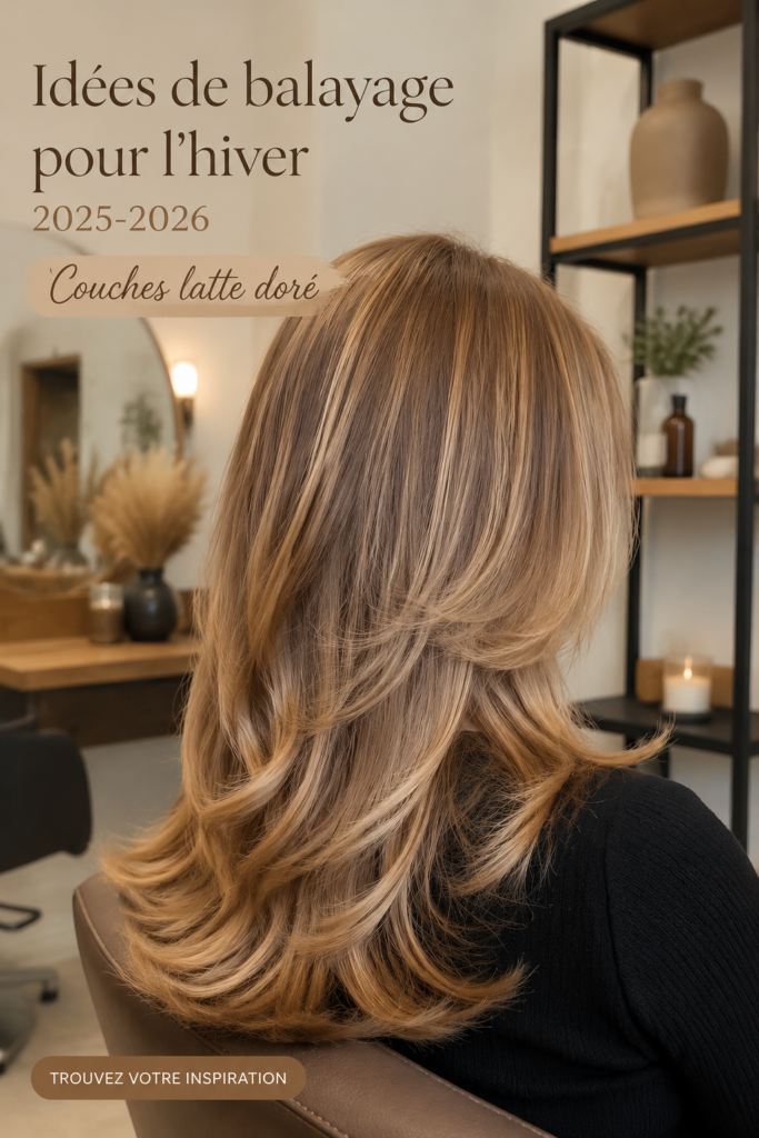 Femme avec un balayage doré lumineux pour l'hiver, cheveux longs et ondulés.