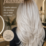 Femme avec des cheveux platine mettant en valeur une palette de couleurs saisonnières.