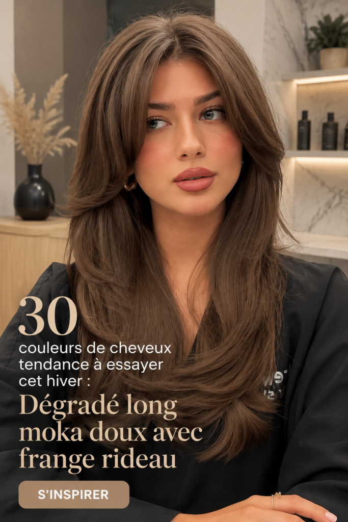 Une femme avec une belle couleur de cheveux caramel inspirée par les tendances hivernales.