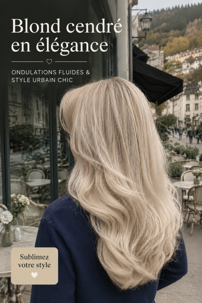 Femme avec des cheveux blonds cendrés et des vagues fluides, portant un style urbain chic.