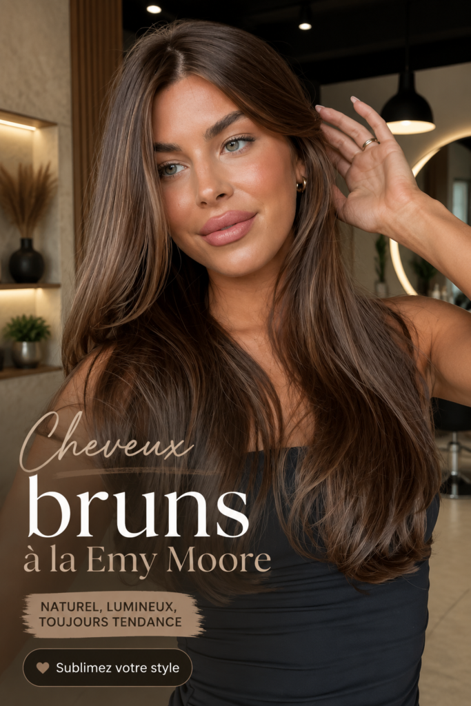 Emy Moore affichant une coupe de cheveux bruns élégante et stylée.