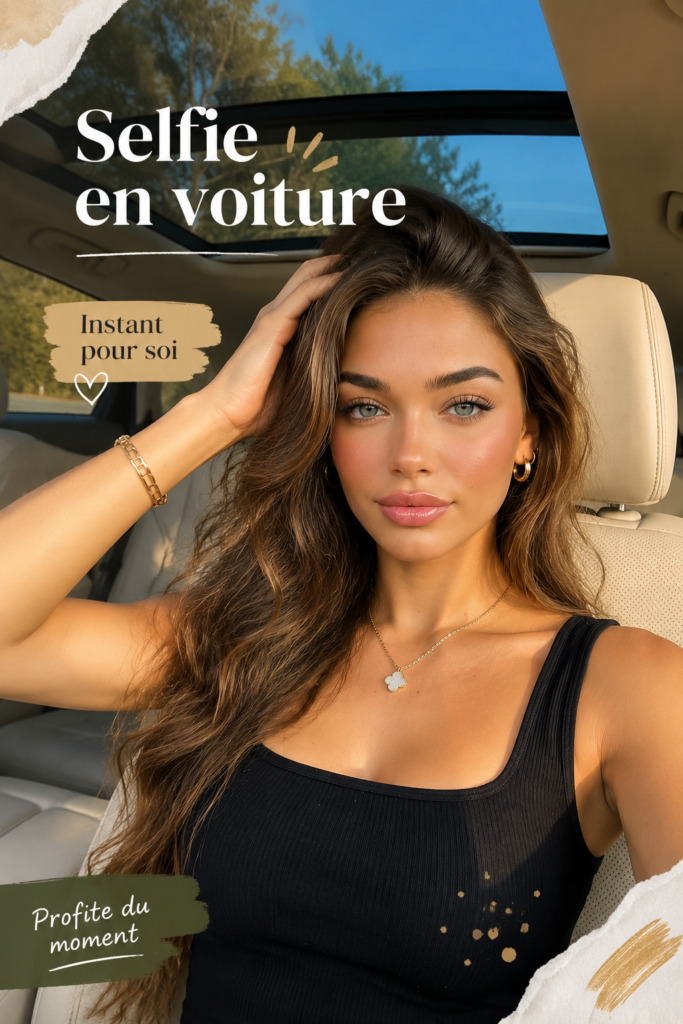 Une fille prenant un car selfie avec une belle voiture dans un cadre esthétique.