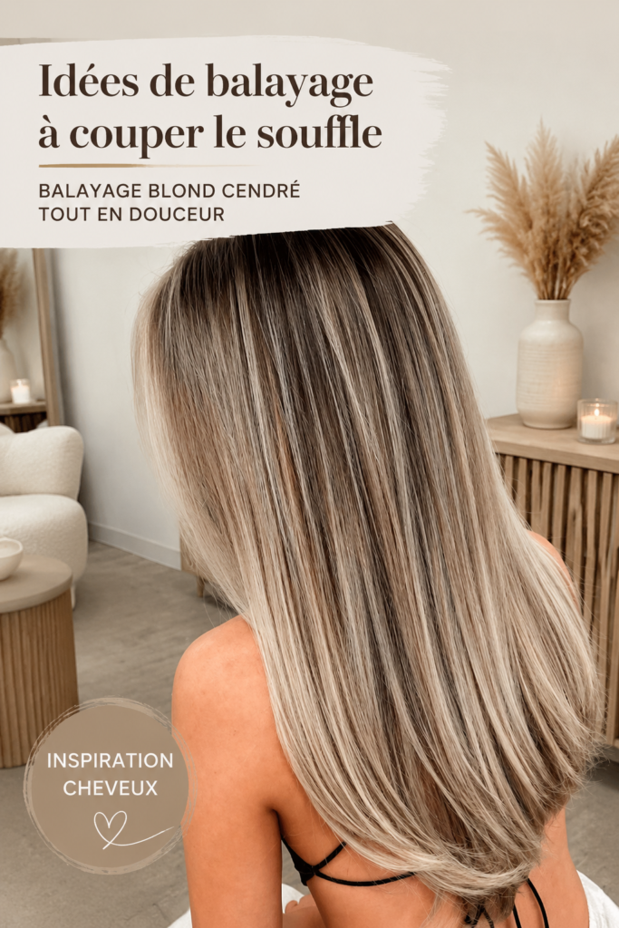 Femme avec balayage blond cendré soyeux et élégant