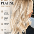 Modèle avec des cheveux blonds platine chauds, mettant en valeur des racines foncées.