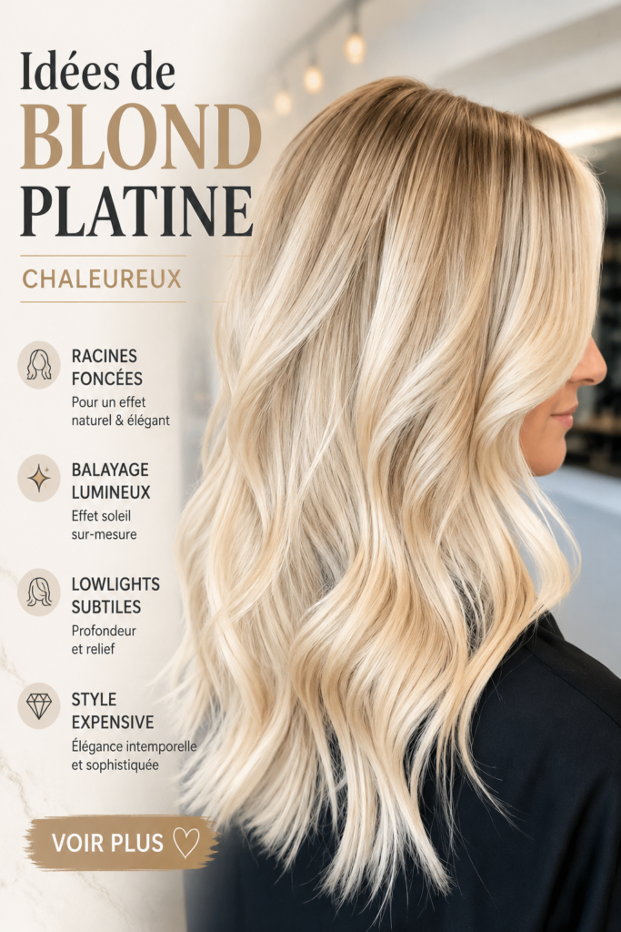 Modèle avec des cheveux blonds platine chauds, mettant en valeur des racines foncées.