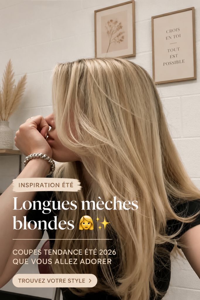 Femme avec de longues couches blondes, coiffure tendance été 2026