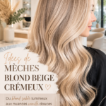 Femme avec des mèches blondes beige crémeux, affichant un look lumineux et élégant.