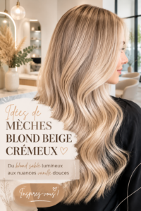 Femme avec des mèches blondes beige crémeux, affichant un look lumineux et élégant.
