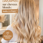 Mèches caramel sur cheveux blonds brillants, mettant en avant le contraste et l'éclat.