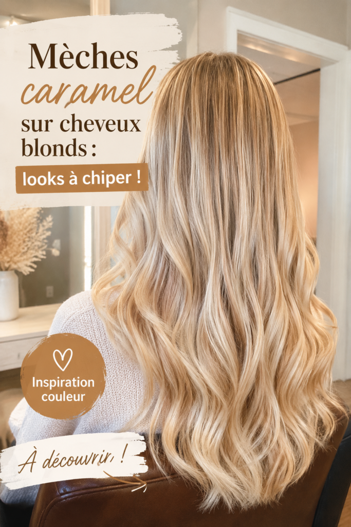 Mèches caramel sur cheveux blonds brillants, mettant en avant le contraste et l'éclat.