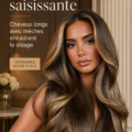 Femme avec de longs cheveux met en valeur des mèches éclatantes sous un éclairage doux.