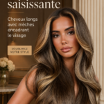 Femme avec de longs cheveux met en valeur des mèches éclatantes sous un éclairage doux.