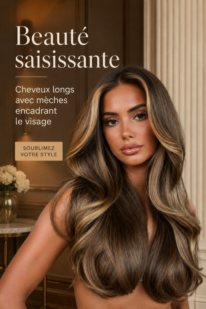 Femme avec de longs cheveux met en valeur des mèches éclatantes sous un éclairage doux.