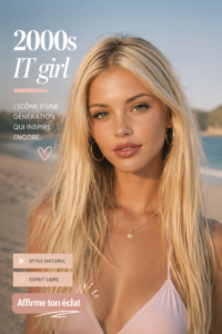 Une collection de vêtements inspirés des IT girls des années 2000, incluant des jeans taille basse et des tops colorés.