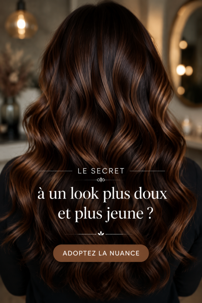 Femme avec des cheveux chocolat cannelle brillants dans un environnement naturel.