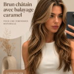Modèle avec des cheveux châtaigne et balayage caramel, mettant en valeur une coupe moderne.