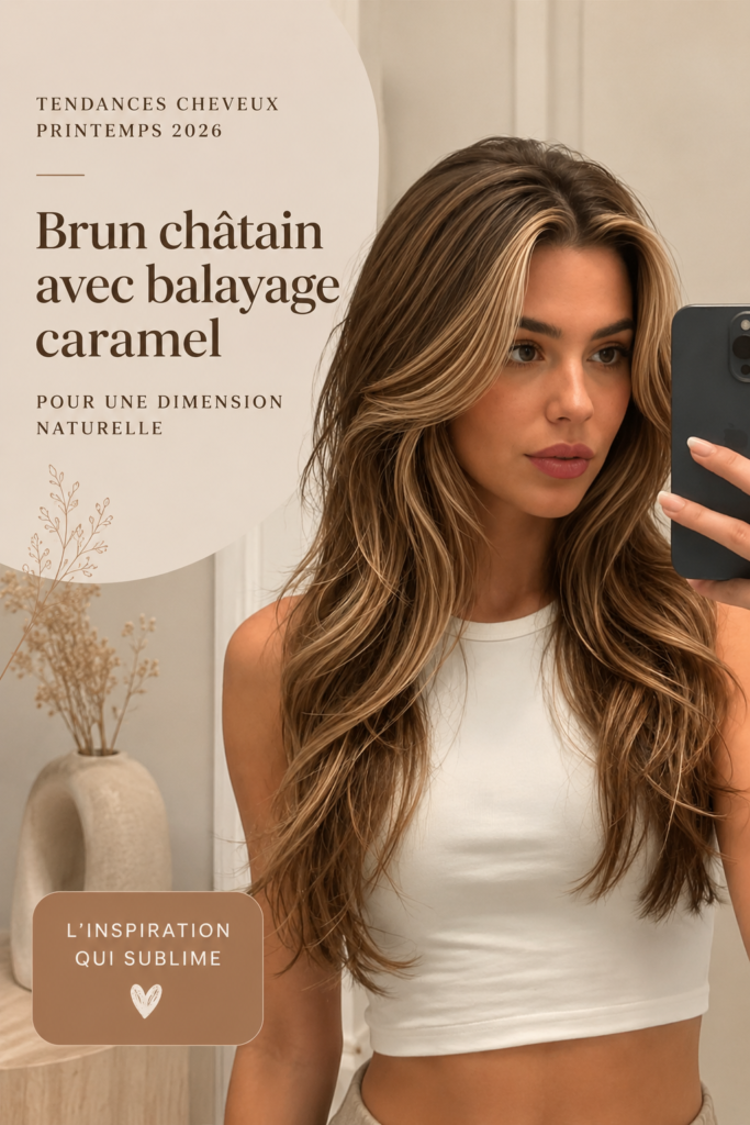 Modèle avec des cheveux châtaigne et balayage caramel, mettant en valeur une coupe moderne.