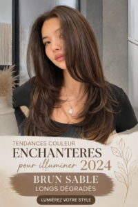 Une femme avec des cheveux brun sable long et brillant, mettant en valeur une nouvelle tendance de couleur de cheveux.