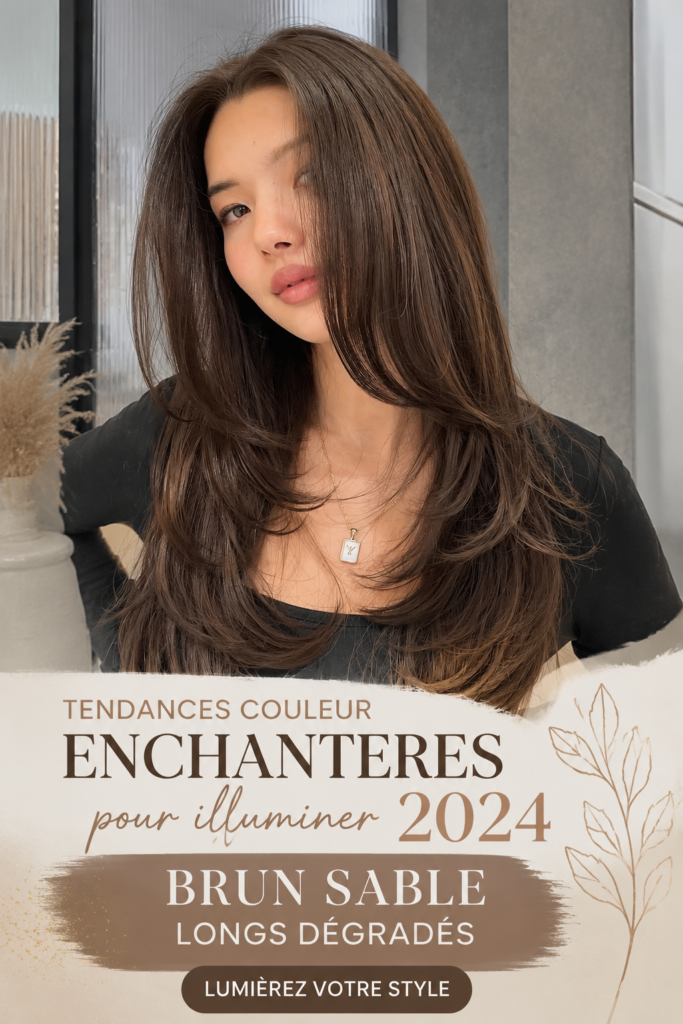 Une femme avec des cheveux brun sable long et brillant, mettant en valeur une nouvelle tendance de couleur de cheveux.