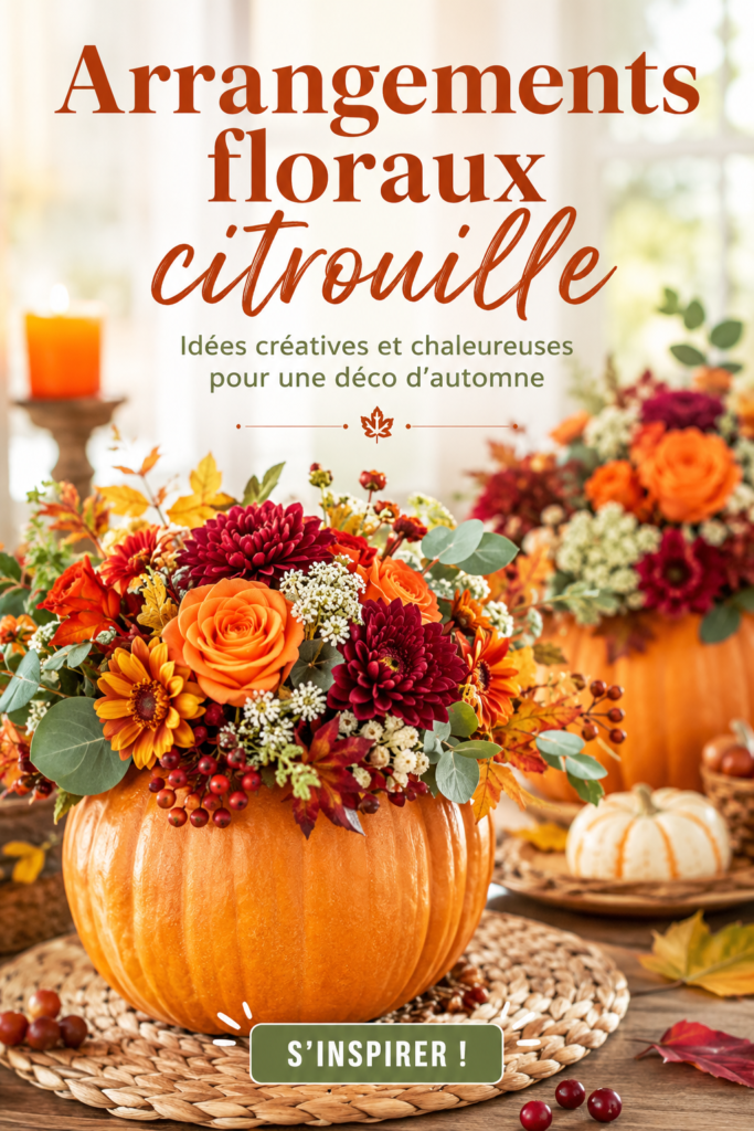 Arrangement floral créatif avec des citrouilles et des fleurs d'automne